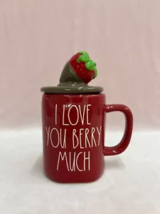 RAE DUNN Valentines Day "I LOVE YOU BERRY MUCH" Red Mug Strawberry Topper - Picture 1 of 3
