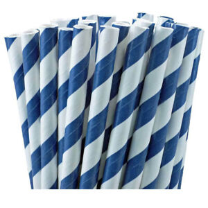 Blue and White Striped Paper Straws 8" (20cm) Biodegradable Compostable 6mm Dia