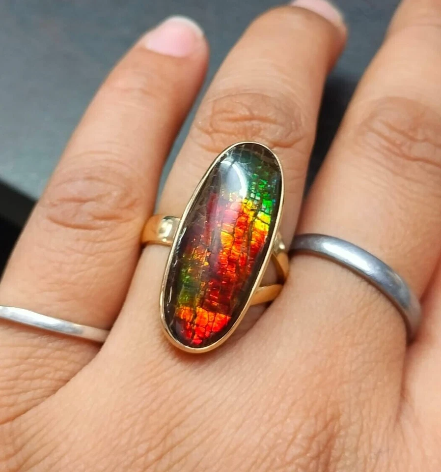 Gold Plated Fiery Ammolite Oval Ring 925 Sterling Silver Gemstone Women Jewelry - Image 1 of 4