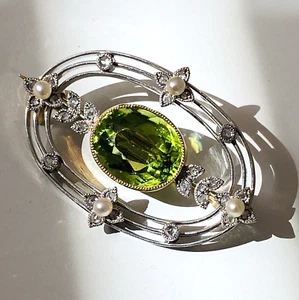 Broche prendedor antiguo peridoto diamante perla oro blanco 14k eduardiano a Art Deco - Imagen 1 de 3