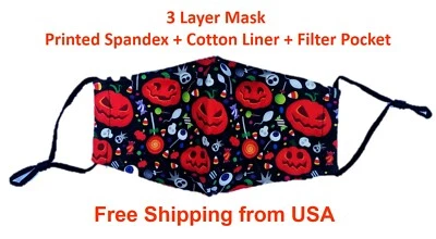 Halloween Spooky Pumpkin Face Mask Filter Pocket 2 Filters Reusable Washable - Image 1 of 4