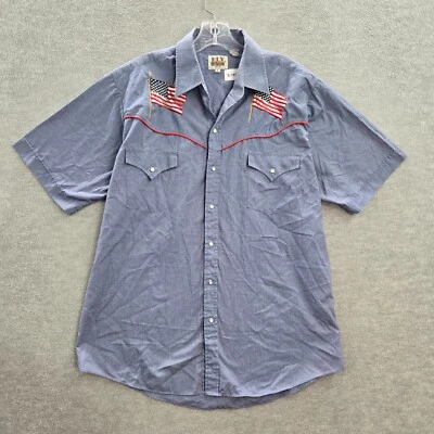 ELY Cattleman Men Button Up Shirt Large Blue Western USA Flag Embroidered READ - Image 1 of 4