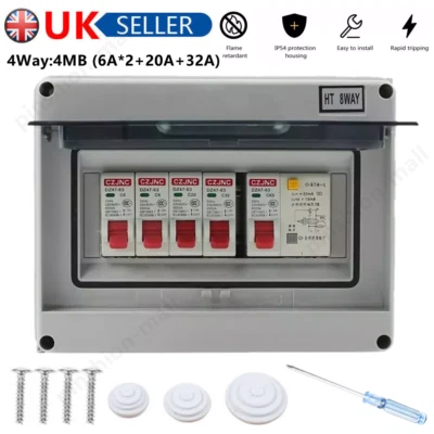 4 Way Consumer Unit fuse box 4 MCB Circuit Breakers Isolator Shed Caravan Garage
