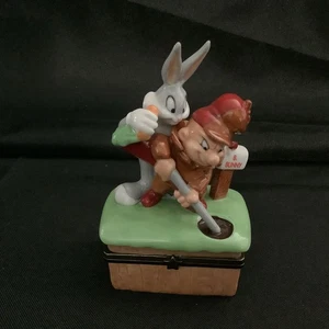 1996 Looney Tunes Bugs Bunny Elmer Fudd 4.5" Porcelain Trinket Box Warner Bros - Picture 1 of 24