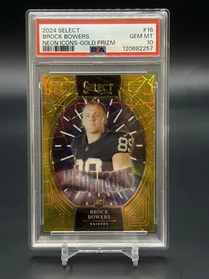 2024 Panini Select Neon Icons Brock Bowers #16 Gold Prizm 08/10 (RC) PSA 10 - Image 1 of 2