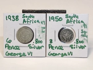 Lote de monedas de plata de Sudáfrica - 1938 6 peniques, 1950 3 peniques - 2x monedas del mundo - Imagen 1 de 5