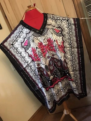 PURE SILK KAFTAN PLANET BEADED KIMONO GOWN COVER UP BLACK WHITE PINK BEAUTIFUL - Image 1 of 4