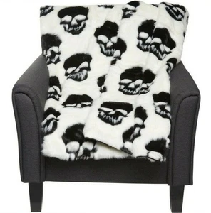 Cynthia Rowley Halloween Skulls Faux Fur Throw Blanket Black White Spooky Chic - Picture 1 of 10