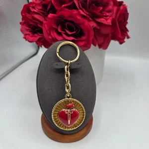 St. John Sacred Heart Gold Tone Red Enamel Keychain Fob Bag Charm Designer  - Picture 1 of 7