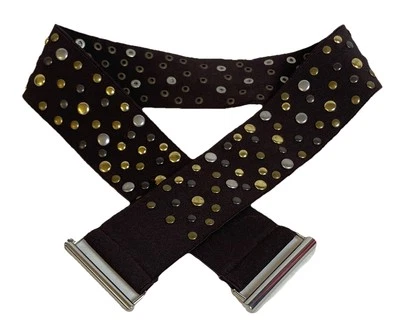 Studded Stretch Wide Belt Womens S/M Brown Textile Metal Clasp Retail $32 - Image 1 of 4