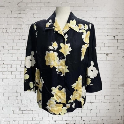 Emma James By Liz Claiborne Linen Blend Size 12 Floral Blazer Jacket Navy - Image 1 of 4