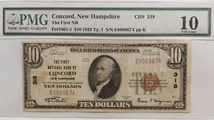 1929 CONCORD NH $10 Bill T-1 PMG VG 10 GRADED National Bank Currency Note CH#318 - Picture 1 of 2