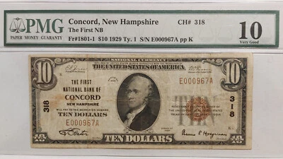 1929 CONCORD NH $10 Bill T-1 PMG VG 10 GRADED National Bank Currency Note CH#318 - Image 1 of 2