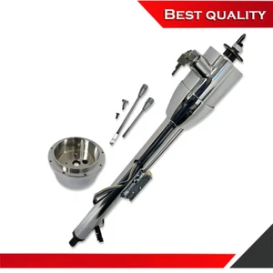 32" Chrome Floor Shift Tilt Manual Steering Column w/ Ignition Key & Adapter - Picture 1 of 5