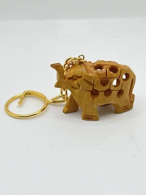 Hand Carved Decorative Intricate Wood Pregnant Elephant Lucky Key Chain Hollow - Image 1 of 4