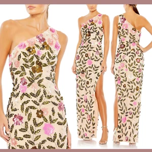 NWT $598 Mac Duggal [ 16 ] Floral Sequined One Shoulder Column Gown Nude #Q627 - Picture 1 of 16