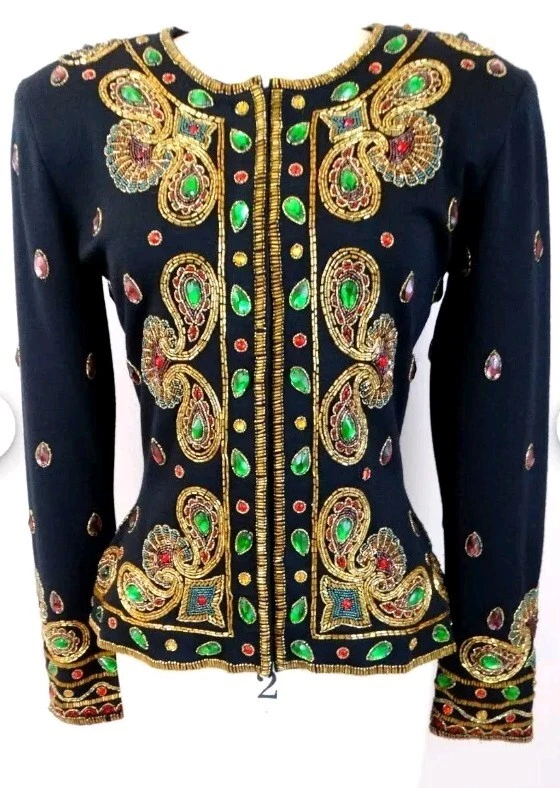 Adrian Vittadini Ornate Jewel Beaded Fitted Jacket / Couture Jeweled Evening Top - Image 1 of 4