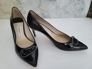 NEW LA FENICE Venezia Black Patent Leather Pointed Heels Pumps w Chain Accent - Picture 1 of 4