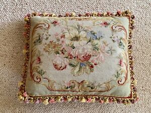 French style needlepoint fringed  pillow with feather insert
