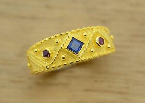 SAPPHIRE RUBY RING, ETRUSCAN RING, STERLING SILVER, 22K GOLD PLATED, BYZANTINE