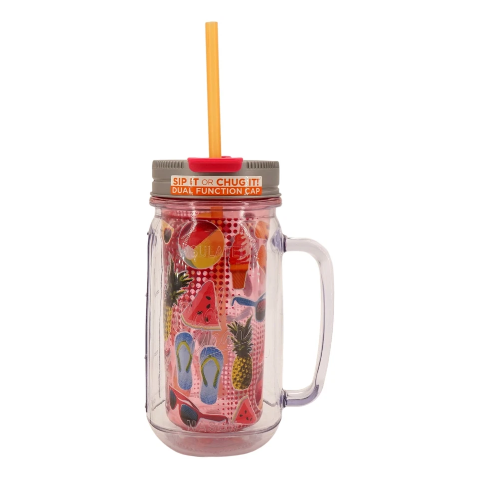 Insulated Mason Jar Tumbler Mug (Pink Tropical Beach, 16 oz, 7 in tall) with - Image 1 of 4