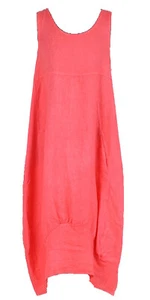 New Womens Italian Lagenlook Ribbed Side Panel Plain Linen Vest Tulip Boho Dress - Picture 1 of 32