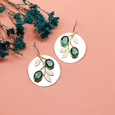 Green Emerald Drop/Dangle Earrings Handcrafted Silver Ethnic Gift Jewelry 1.77" - Image 1 of 4