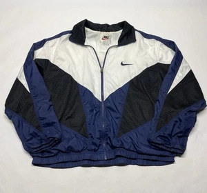 VTG 90s Nike Swoosh Zip Up Jacket Blue Black White Sz M Worn In Distressed Flaw - Picture 1 of 24