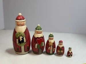 Vtg Tole Painted Santa Russian Nesting Dolls Set Of 5 Christmas - Picture 1 of 2
