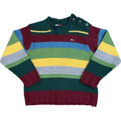 Suéter listrado de lã vintage Tommy Hilfiger robusto malha meninos 4T botão ombro - Imagem 1 de 4
