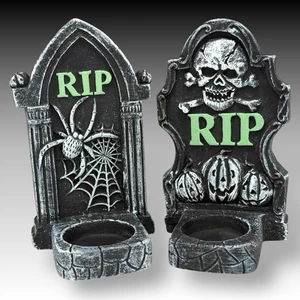 Spooky Halloween Tombstone Tea Light Candle Holders Set of 2 Gothic Decor - Picture 1 of 5