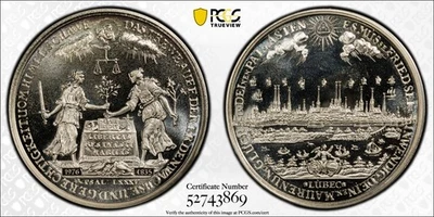 PCGS Lubeck 1700 «1976» SP-67 Серебряный Вид на Город 10 Ducat Пруф Рестрик Германия - Изображение 1 из 4