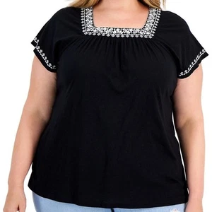 NWT Style & Co Black Square Neck White Embroider Trim Flutter Sleeve Cottage 2X - Picture 1 of 11