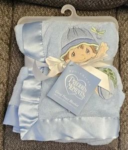 Baby Boy 30 in X 40 in Coral Fleece Blanket Satin Trim Precious Moments Blue New - Picture 1 of 2