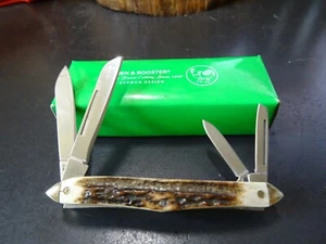 3 1/4" CLOSED HEN & ROOSTER POCKET KNIFE 4 BLADE WHITTLER HR-234DS STAG HANDLE - Picture 1 of 12