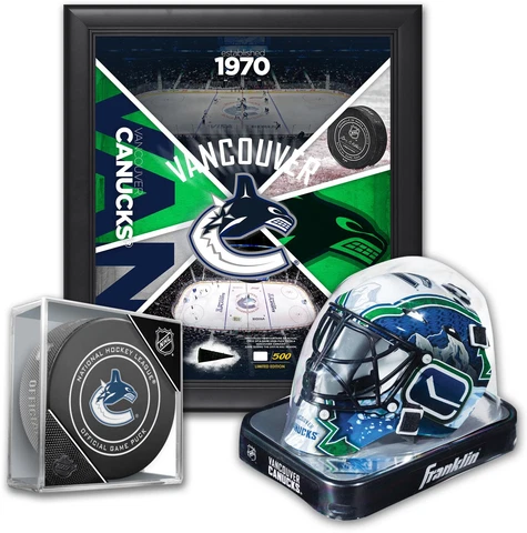 Vancouver Canucks Fan Bundle - With Team 15x17 Frame, Mini Goalie Mask & Puck Cover