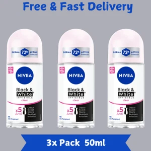 3x NIVEA Black & White Invisible Clear Anti-Perspirant Deodorant Roll-On 50ml - Picture 1 of 2