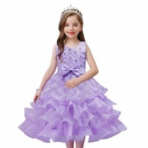 Wedding Flower Girl's Bridesmaid Ruffles Lace Cute Bow Waist Evening Dress - Picture 1 of 23