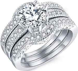 925 Sterling Silver Engagement Rings for Women Luxury 3 Pcs  Bridal Wedding Set - Picture 1 of 12