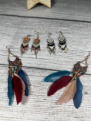 BOHO Feather Beaded Earrings Fringe Tassel Bohemian Ethnic Dangle Qty3 - Image 1 of 3