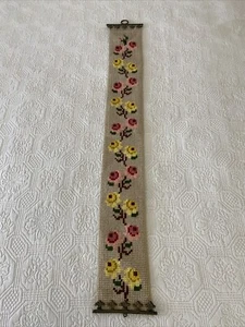 Vintage Floral Tapestry Bell Pull Wall Hanging Hand Embroidered w Brass Fittings - Picture 1 of 22