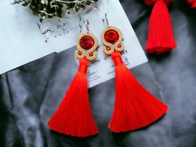 rote und goldene Ohrringe, Technik soutache Kunsthandwerk. - Bild 1 von 4