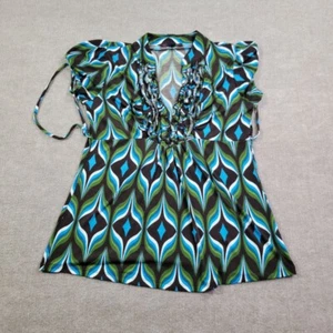 Heartsoul Blouse Women's XL Green Blue Geometric V-Neck Sleeveless Blouse Ruffel - Picture 1 of 8