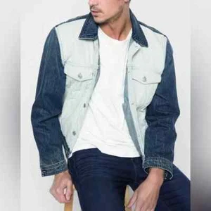 7 For All Mankind NWT Men’s XS Blue Color Block Denim Jeans Trucker Jacket - Picture 1 of 7
