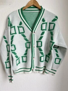 PREPPY Geometric Cardigan Green/White Women's Size Medium Tennis Cotton Blend - Picture 1 of 9