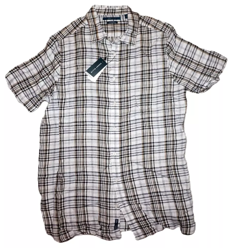 Perry Ellis Mens Short Sleeve Shirt Tall XLT Linen Check The Untucked Shirt NWT - Image 1 of 1