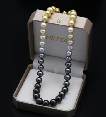 18"9-13mm natural tahitian black golden gray multicolor round pearl necklace AAA - Image 1 of 2