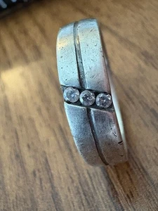 Sterling Silver Men's Wedding Band Ring with Three Diamonds - Picture 1 of 14