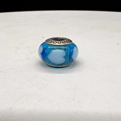 Pandora Sterling Silver Murano Blue Two Tone Hearts Glass Bead 790657 - Image 1 of 4