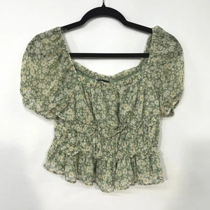 Green Daisy Floral Babydoll Blouse L Puff Sleeve Cottagecore Coquette Soft - Picture 1 of 7
